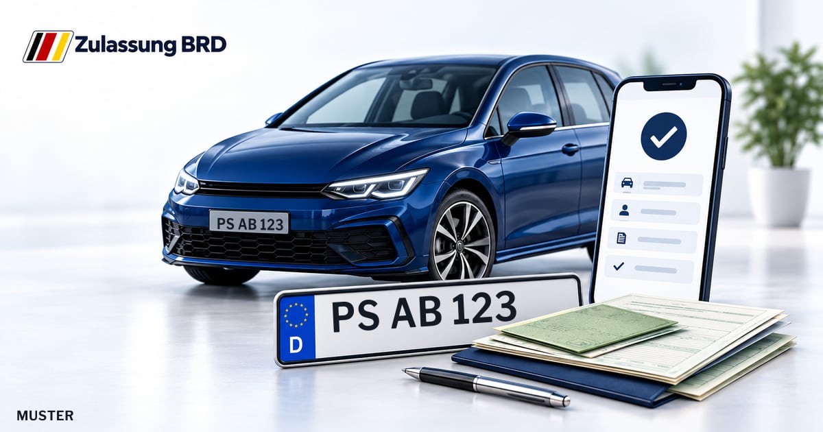 Online Fahrzeugzulassung in Pirmasens: Musterkennzeichen PS AB 123, Auto und Fahrzeugpapiere und Smartphone. Illustration mit Logo von Zulassung BRD.